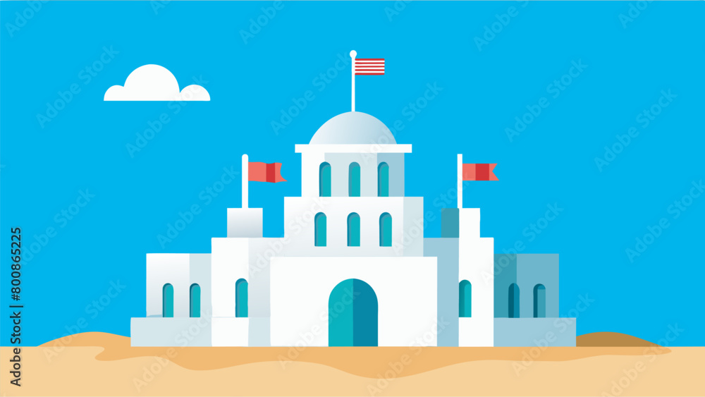 A sandcastle shaped like the White House complete with a miniature flag flying proudly above built by a family who dreams of one day visiting the. Vector illustration