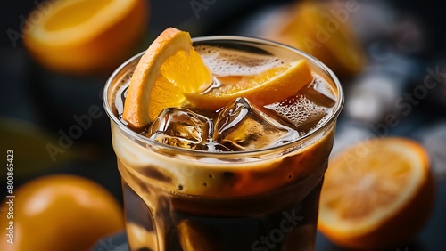 Blur background of iced americano with sliced ​​orange in plastic glasses close up