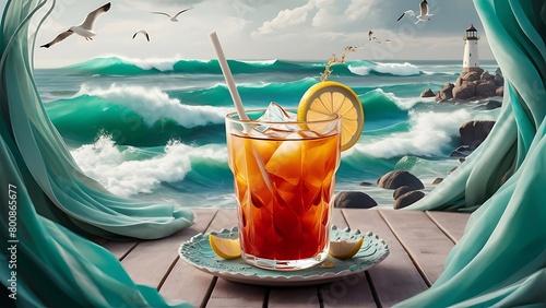 Sea s tranquility iced tea with breathtaking ocean view photo