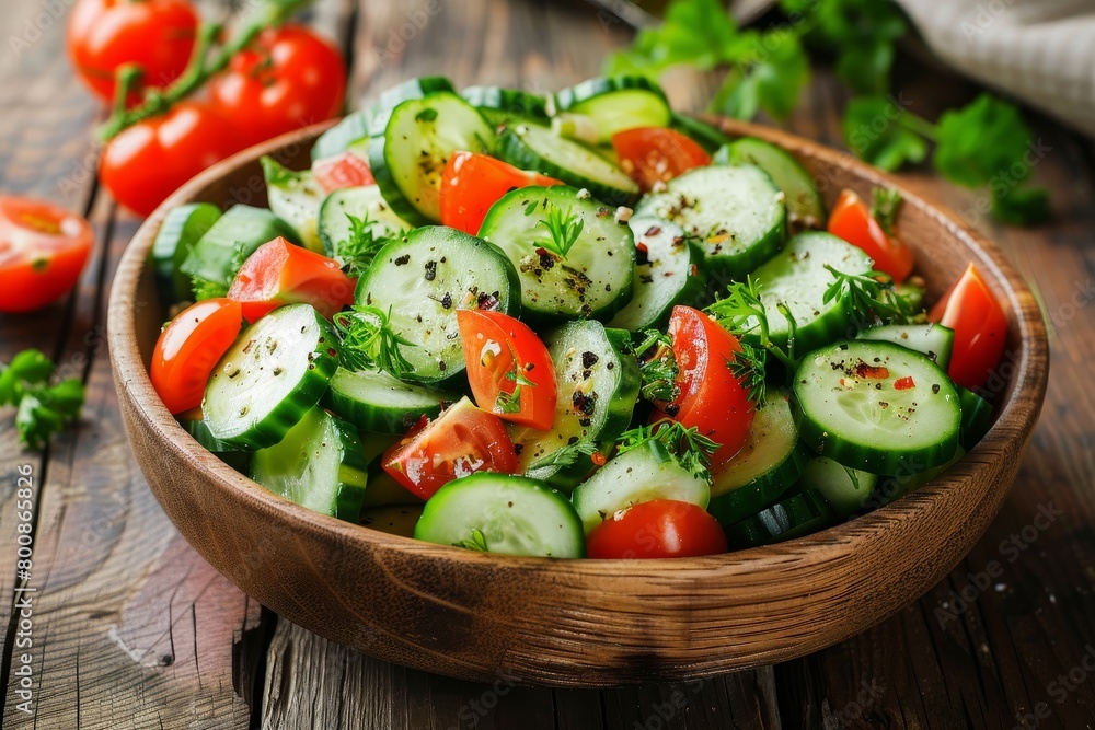 Cucumber and tomato salad on wooden table Cucumber and tomato salad on wooden table