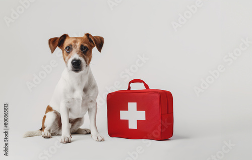 A Vigilant Jack Russell Terrier Dog Poses With A Red First Aid Box On A White Background © oxart_studio
