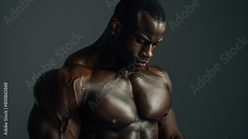 Black male model with muscular upper body Bodybuilder with bare chest showing off his figure