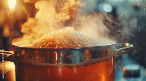 A captivating image of a beer brewing kettle, steam rising as the ingredients meld into a delicious concoction for Beer Day Britain.