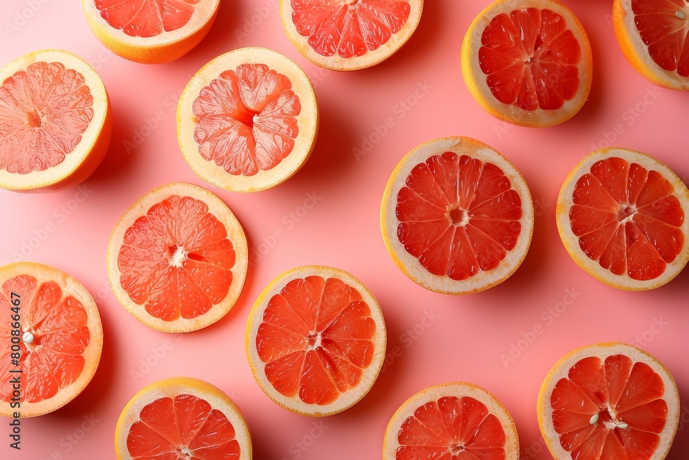 Fresh grapefruit slices on pink background Minimal flat lay with colorful fruit pattern Fresh grapefruit slices on pink background Minimal flat lay with colorful fruit pattern