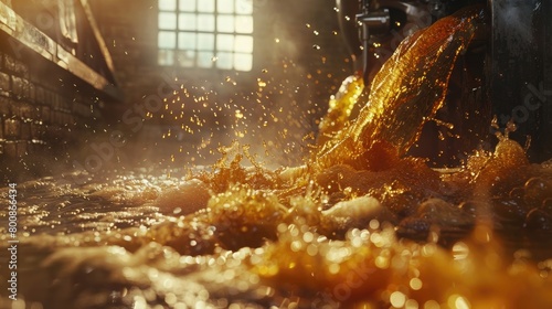 A captivating image of a beer brewing process, with ingredients cascading into a vat, capturing the essence of craftsmanship on Beer Day Britain.
