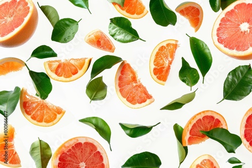 Fresh grapefruits and green leaves falling on a white background