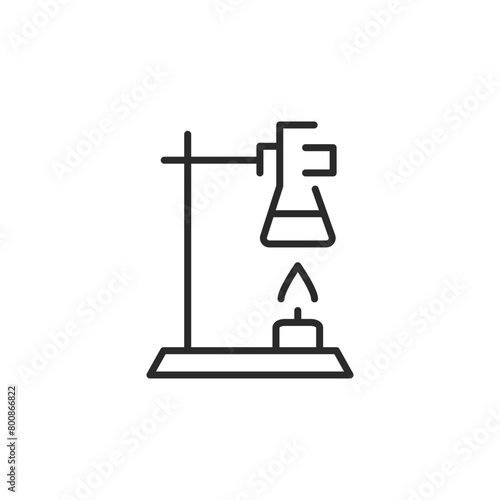Icon depicting a laboratory flask secured on a stand above a burner, symbolizing scientific experiments involving controlled heating. Ideal for use in educational materials. Vector illustration