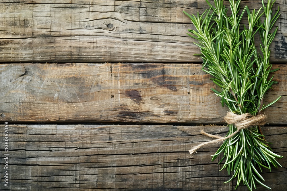 Fresh organic rosemary tied on wooden background top view from garden Fresh organic rosemary tied on wooden background top view from garden