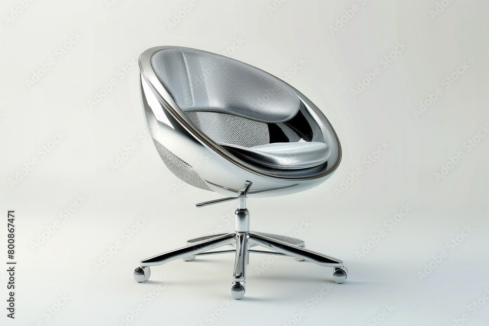 A metallic silver swivel chair with a mesh backrest isolated on a solid white background. A metallic silver swivel chair with a mesh backrest isolated on a solid white background.