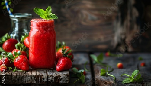 Fresh strawberry smoothie on aged wooden backdrop