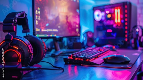 Close up of professional gaming setup on desktop in neon RGB colour Ai generated