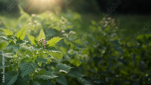 Close-up of fresh nettle leaves in green foliage background at sunrise. Side view of stinging nettle bush in the open. Medicinal plants background perfect for banner with copy space. 