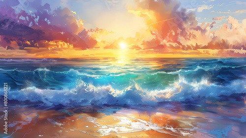 Sunset or summer sunrise over the sea. Calm waves. Bright warm colors. Morning or evening. The beauty of the sea.  photo