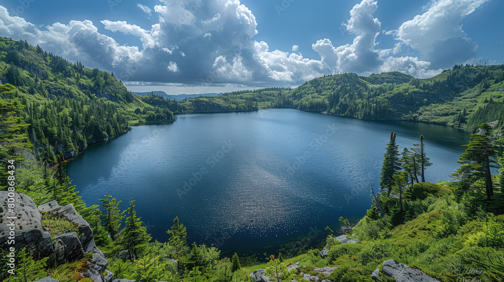 A panoramic view of Plit에너ica Lake in factory national park, with lush greenery. Created with Ai