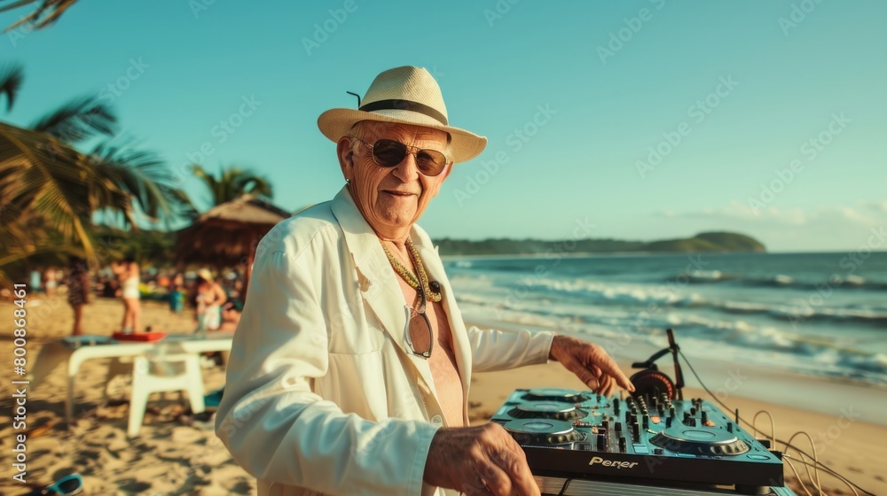 Rich and wealthy senior man Wearing sunglasses, cheerful smile, happy on the summer beach