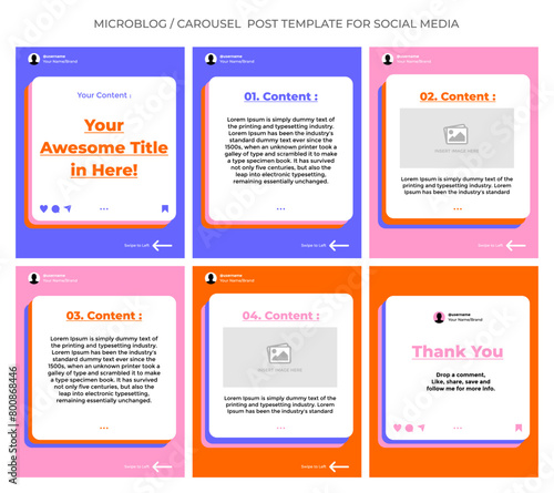 Microblog or carousel post template design for social media. Six page in portrait frame, seamless, minimalist flat style with purple, pink and orange color theme.