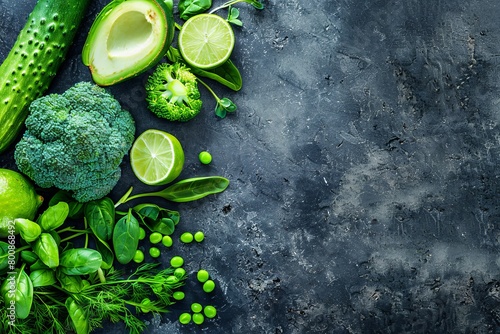 Fresh veggies on dark background top view