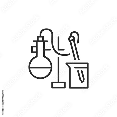 Icon of a laboratory distillation setup, used in scientific and chemical research for the purification and separation of liquids. Ideal for educational and scientific publications. Vector illustration
