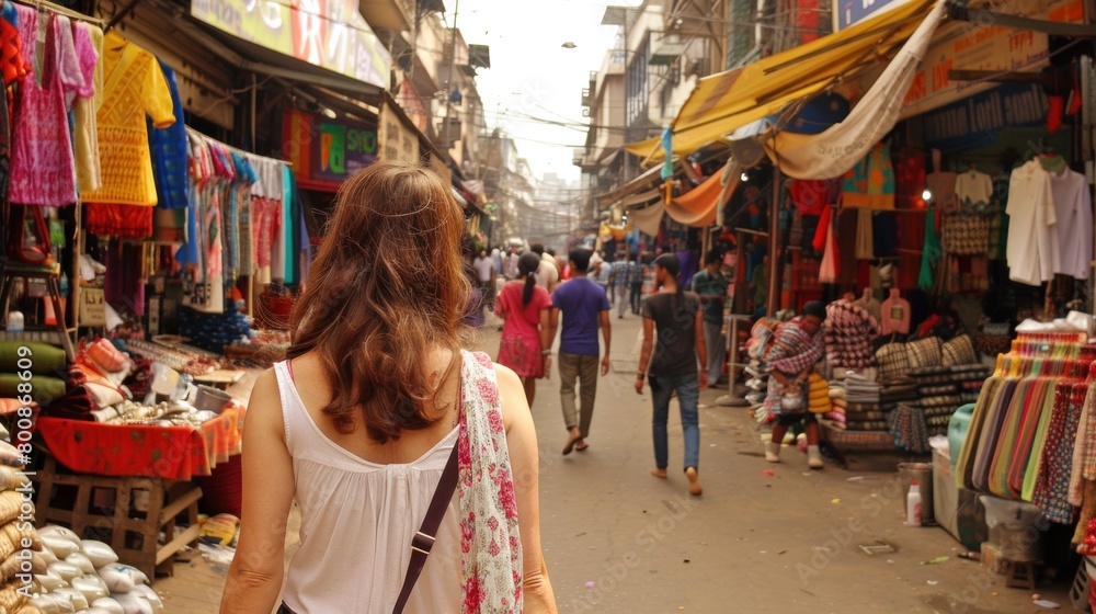 A female tourist traveling alone goes on a trip. Walking through the street market