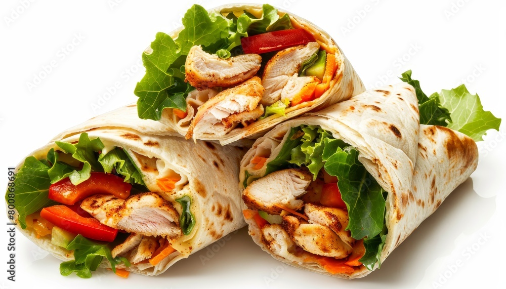 Fried chicken and vegetable wrap on white background Fried chicken and vegetable wrap on white background