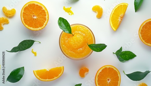 Freshly squeezed orange juice with fruits and leaves on a white background from a top view