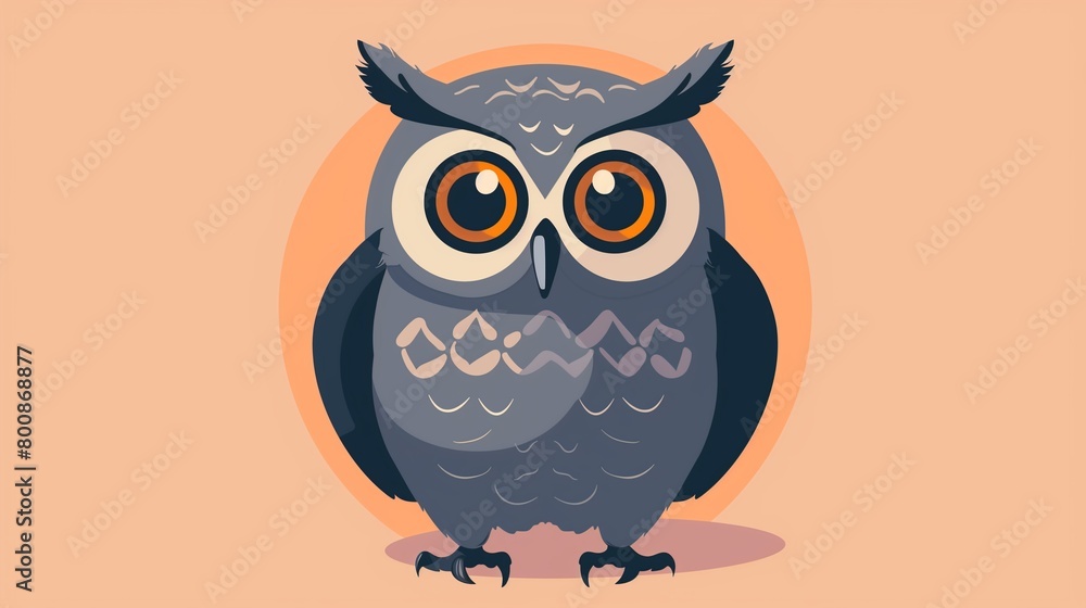 Flat solid color illustration of a slate gray owl with large, wise eyes on a light orange background Flat solid color illustration of a slate gray owl with large, wise eyes on a light orange background