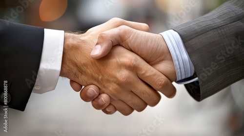 Two businessmen engaging in a firm handshake, symbolizing partnership and agreement, set against a blurred city backdrop.