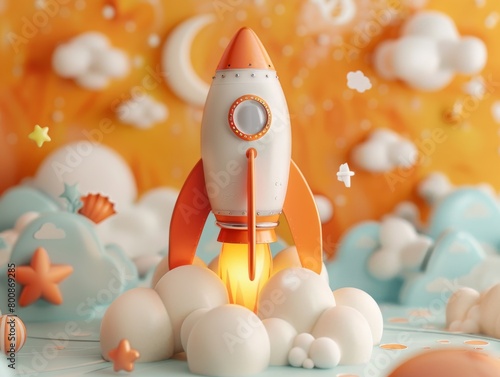 A playful and colorful depiction of a toy rocket launching into the sky, set in a whimsical scene with soft clouds and stars.