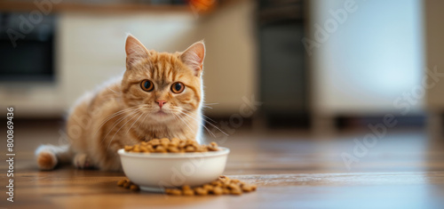 Close up of kitten eating food on blurred kitchen background with copy space, pet care concept, animal behavior 