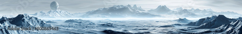 A panoramic alien landscape with icy mountains under a space sky, digital artwork on a blue background, evoking a sci-fi concept. Generative AI