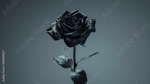 Black rose, minimalist gray background, highcontrast lighting for a luxury magazine cover, direct frontal angle photo