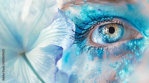 Bright blue iris, watercolorstyle turquoise backdrop, ethereal glow, ideal for a summer edition magazine cover, frontal angle photo
