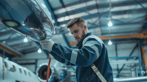 An engineer servicing a jet in a hangar  focused on airplane maintenance  with industrial background  concept of aerospace engineering. Generative AI