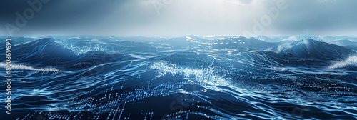 Broad cyber wave rolling across a wide digital ocean, depicting vast data flow.