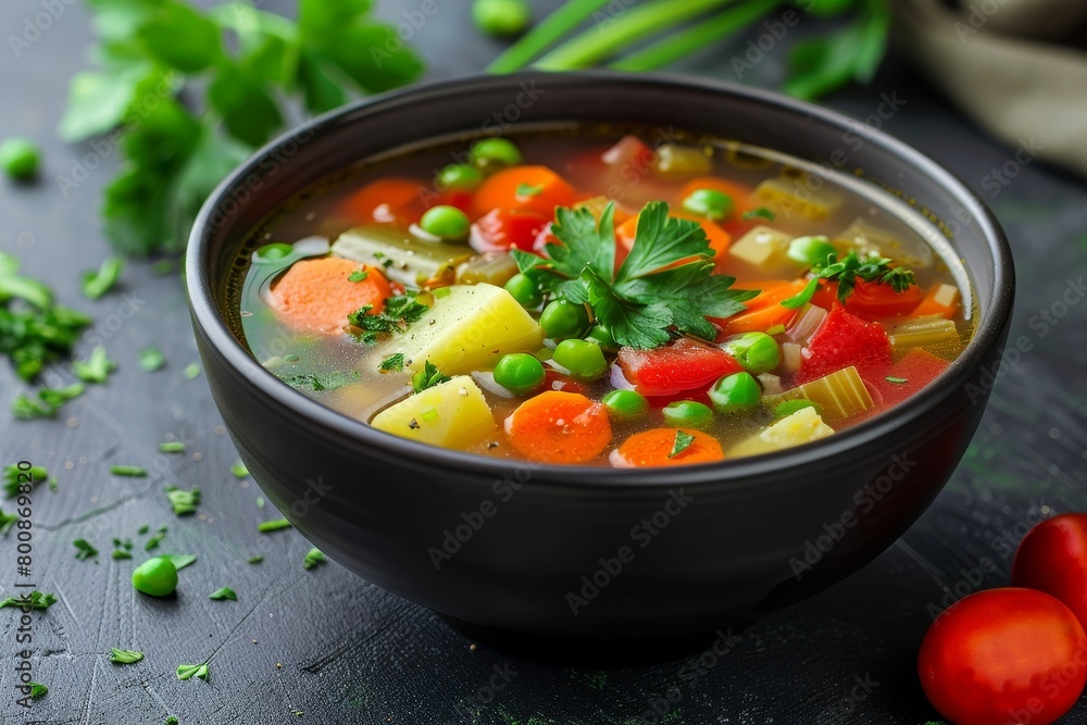 Green vegetable soup with parsley garnish in black bowl Green vegetable soup with parsley garnish in black bowl
