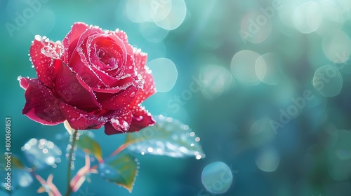 Dewkissed red rose, softfocus turquoise background, morning light, ideal for a gardening magazine cover, closeup photo