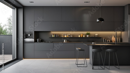 A modern kitchen interior with sleek cabinets, countertop, and bar stools, natural light backdrop, concept of design, Generative AI.