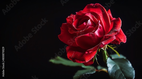 Fiery red rose  stark black background  glossy cover look with a spotlight  dynamic angle  vivid detail capture