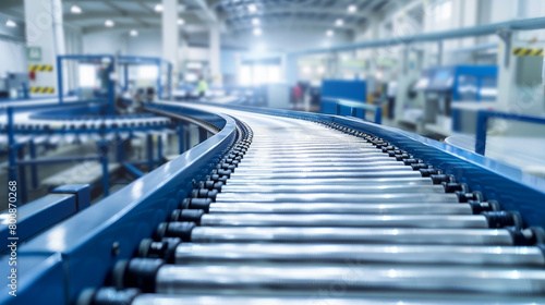 An empty conveyor belt in a factory with a blurred industrial background, representing automation and manufacturing processes. Generative AI © ImageFlow