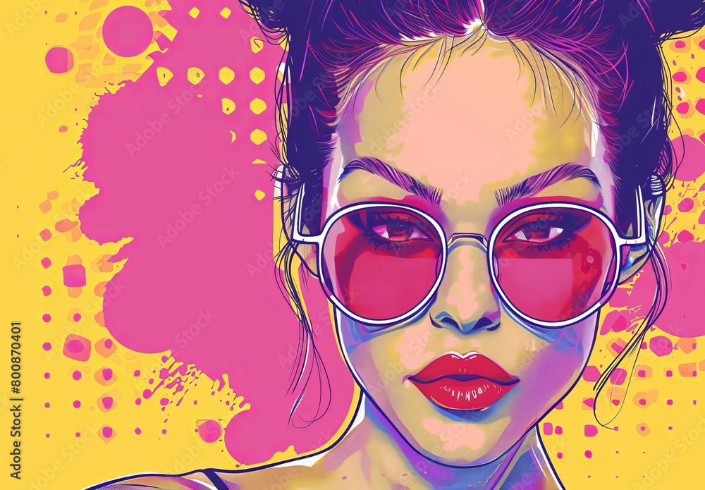 A vivid pop art style illustration of a young woman with sunglasses, featuring bright colors and a splattered paint background