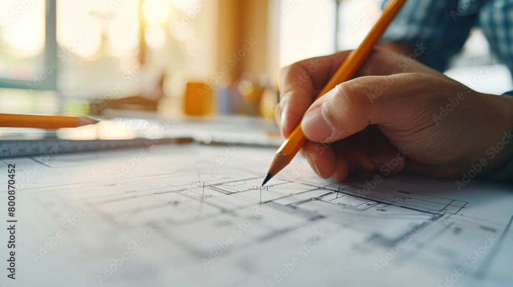 Close-up of an architect's hand sketching a blueprint with a pencil and ruler on a bright day. Close-up of an architect's hand sketching a blueprint with a pencil and ruler on a bright day.