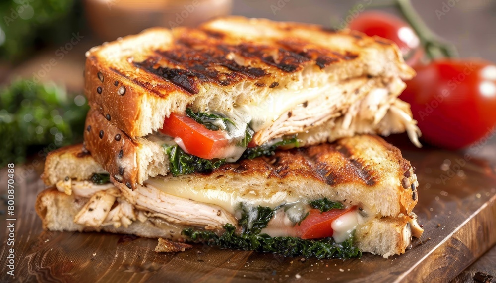 Grilled cheese sandwich with tomato mozzarella and kale