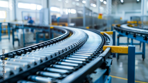 A close-up of a conveyor belt in a factory, showcasing industrial equipment on a blurred background, emphasizing the concept of manufacturing processes. Generative AI