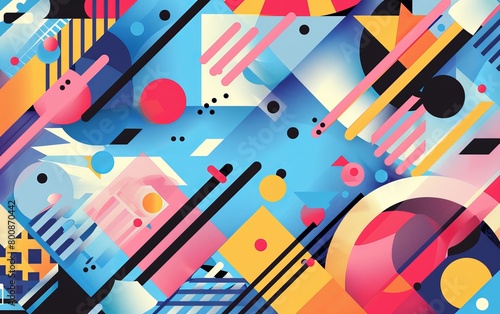 This image features a vibrant mix of geometric shapes and patterns in a modern abstract art style with a dynamic flow