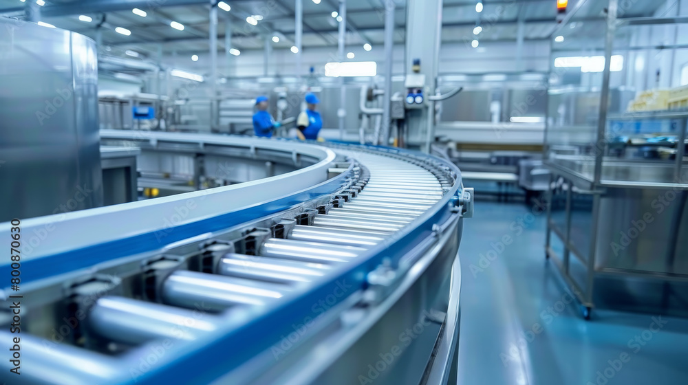 Obraz premium Photo of an industrial factory with a conveyor belt, workers in the background, clear blue tones, concept of modern production line. Generative AI