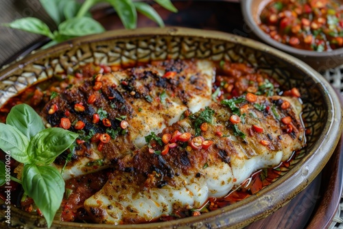 Grilled Indonesian Tilapia with black pepper basil and andaliman sambal photo