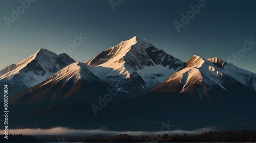 Panorama of Mountaineer standing on top of snowy mountain range.generative.ai photo