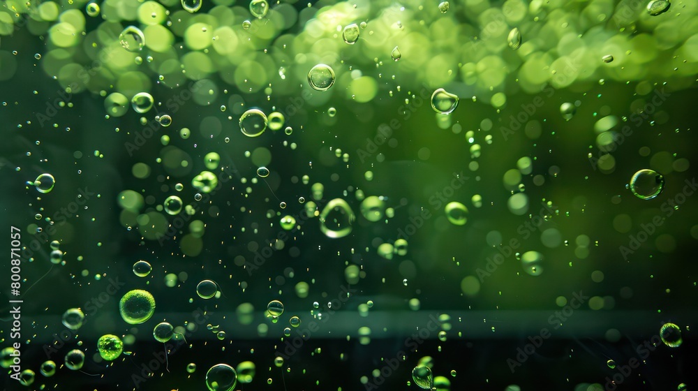 Green hydrogen bubbles rising in a tank of water 