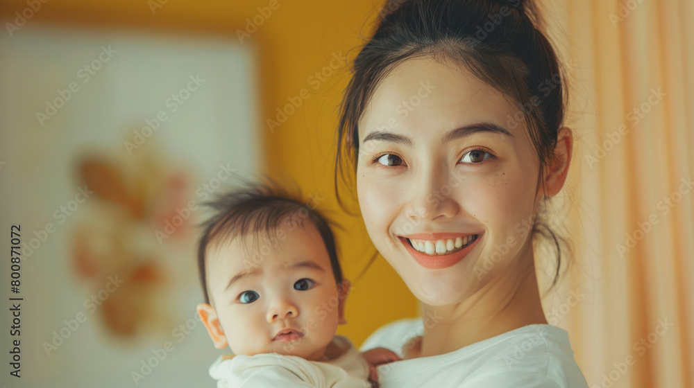 A smiling woman holding a baby, both looking at the camera against a warm yellow background. Family, love, and care. A smiling woman holding a baby, both looking at the camera against a warm yellow background. Family, love, and care.