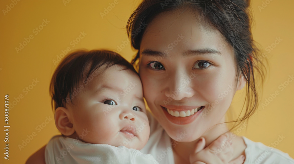 A smiling woman holding a baby against a yellow background, showing affection and close family bond. A smiling woman holding a baby against a yellow background, showing affection and close family bond.